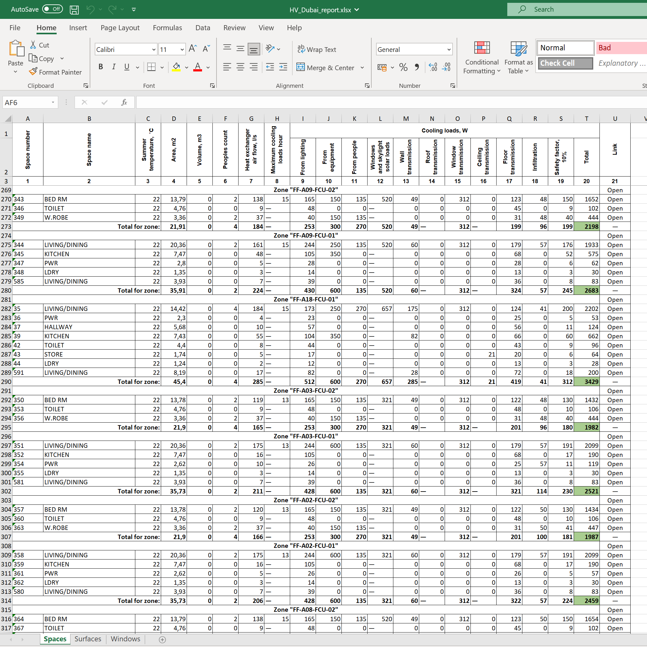 Get a detailed Excel report on cooling loads of the building and air-conditioning systems.